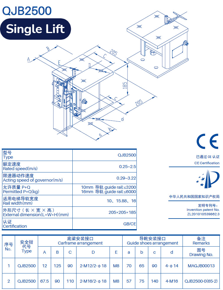 Elevator Safety Gear QJB2500 Single/Dual Lift Safety Gear