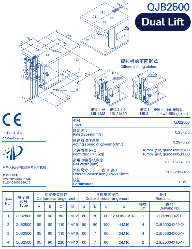 Elevator Safety Gear QJB2500 Single/Dual Lift Safety Gear